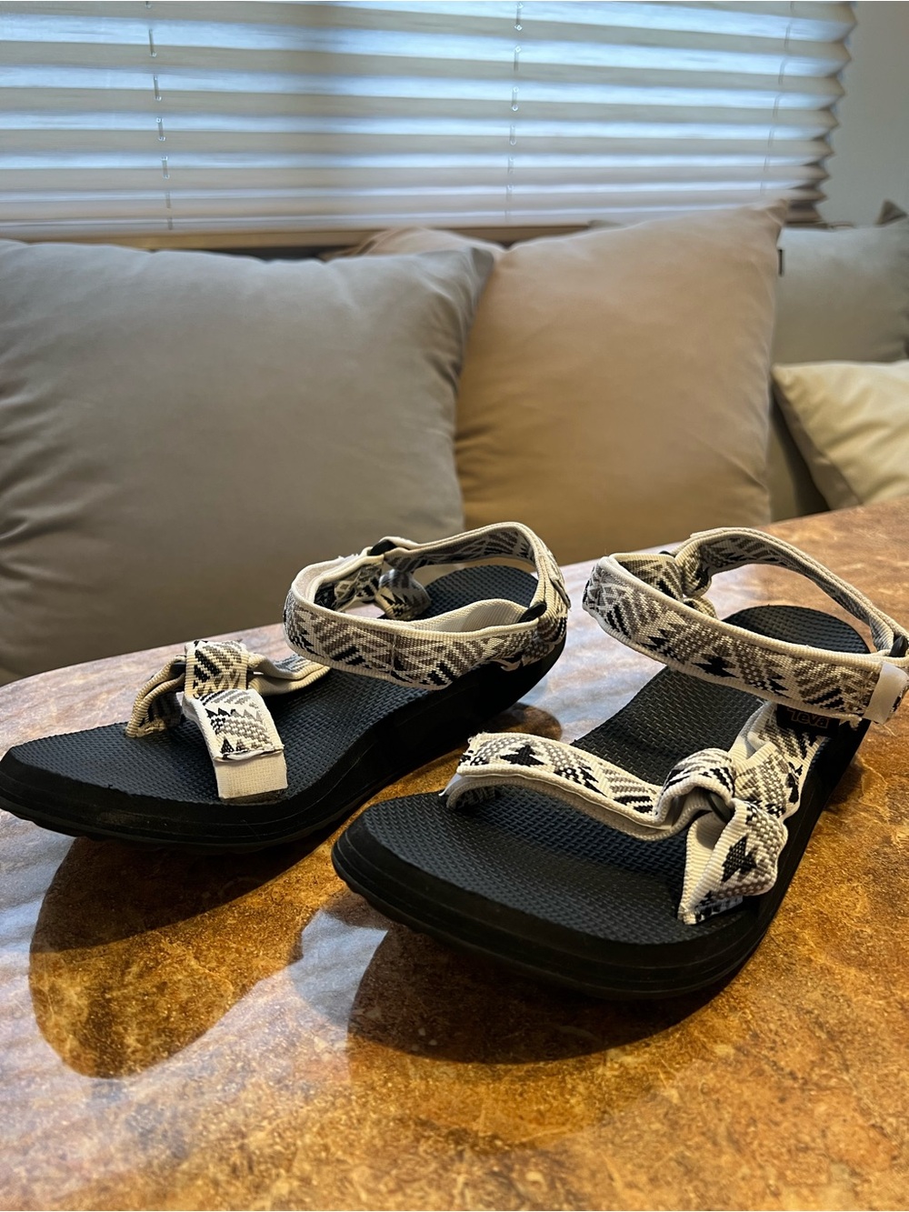 Teva Black Sandals with White and Gray Patterned Straps